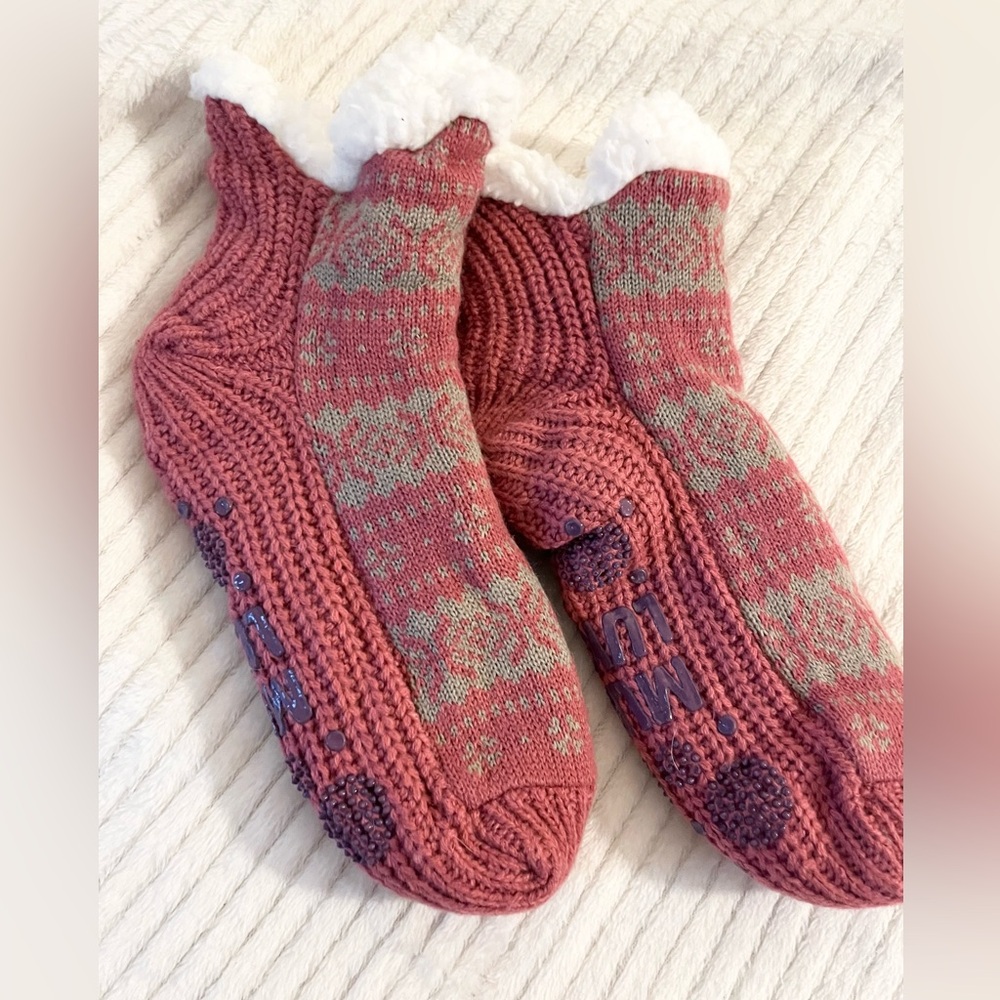 Cozy Pink and Tan Knit Socks with Floral Pattern